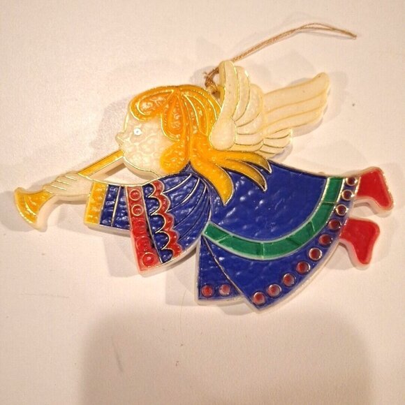 Angel Playing Trumpet Flat Plastic Hanging Christmas Ornament Vintage Hong Kong - Picture 3 of 6